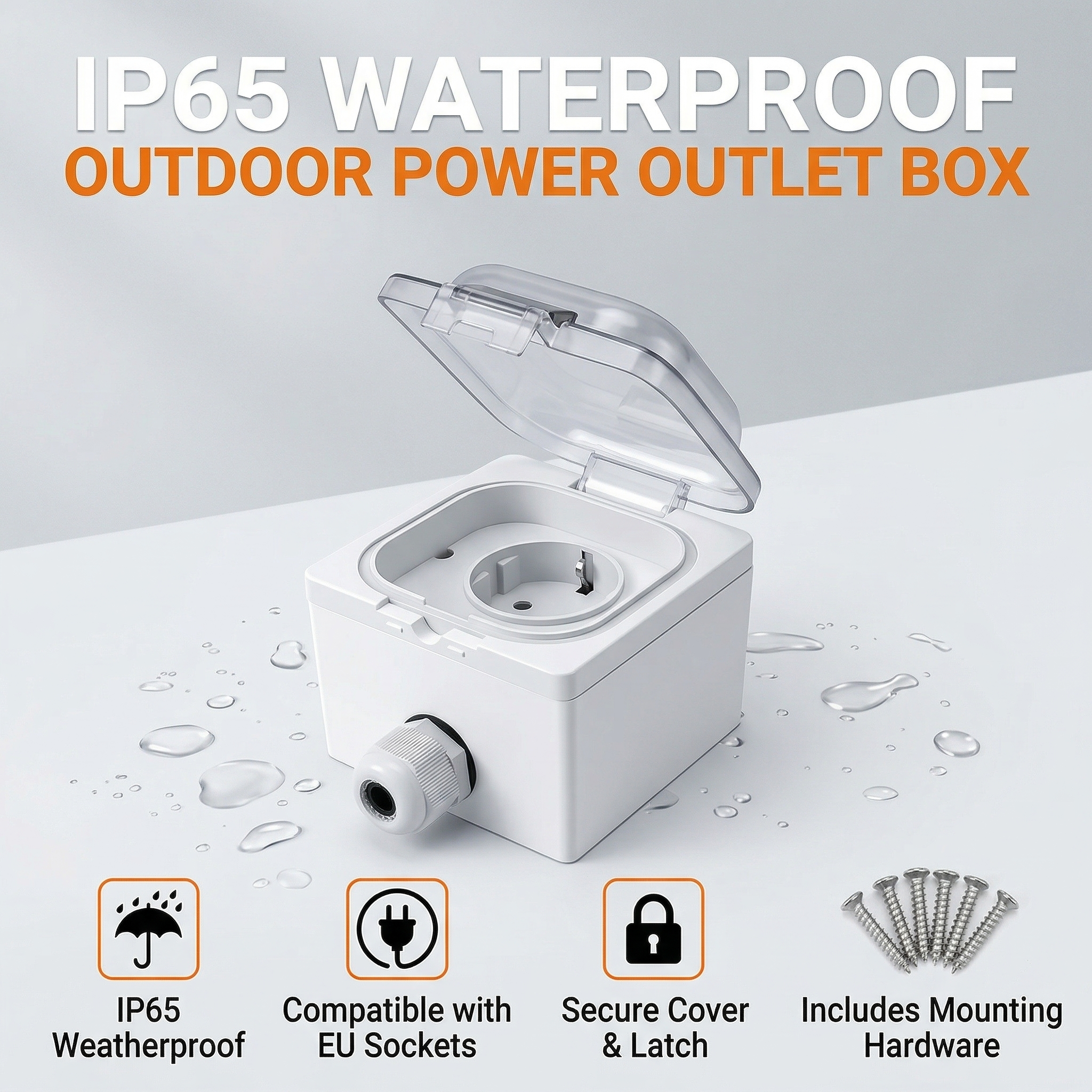 Outdoor Power Supply Box - IP65 Waterproof Surface-Mount Socket Box, Universal