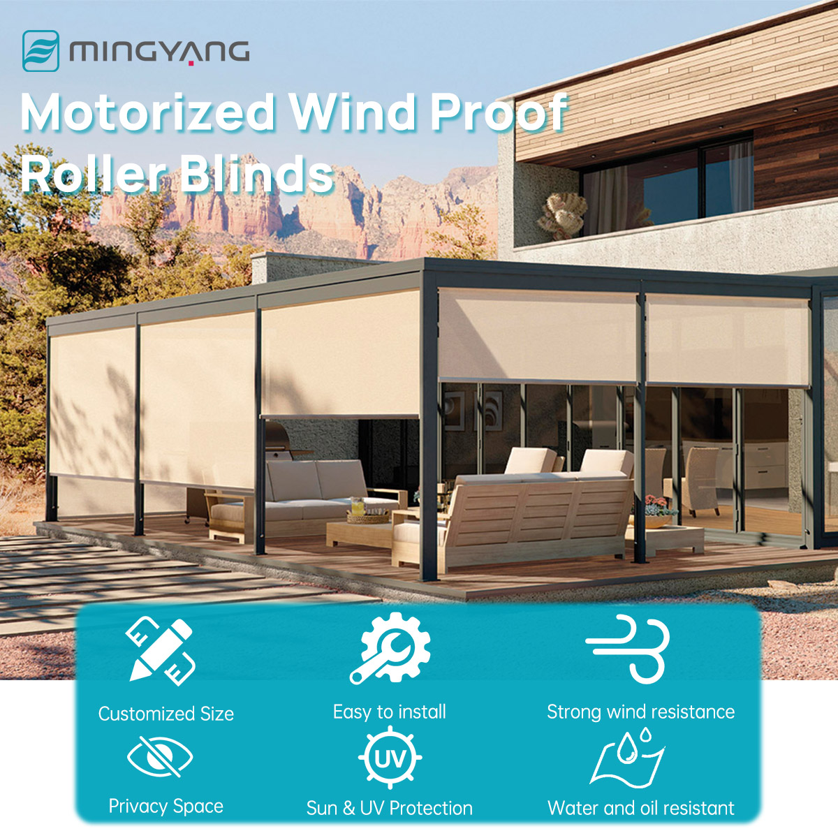 Built-In Waterproof Windproof  - đánh giá và giá Outdoor Power Roller Shades